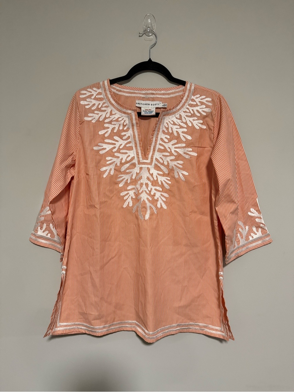 Gretchen Scott The Reef Embroidered Pinstripe Tunic Top Size Large Resort Cruise